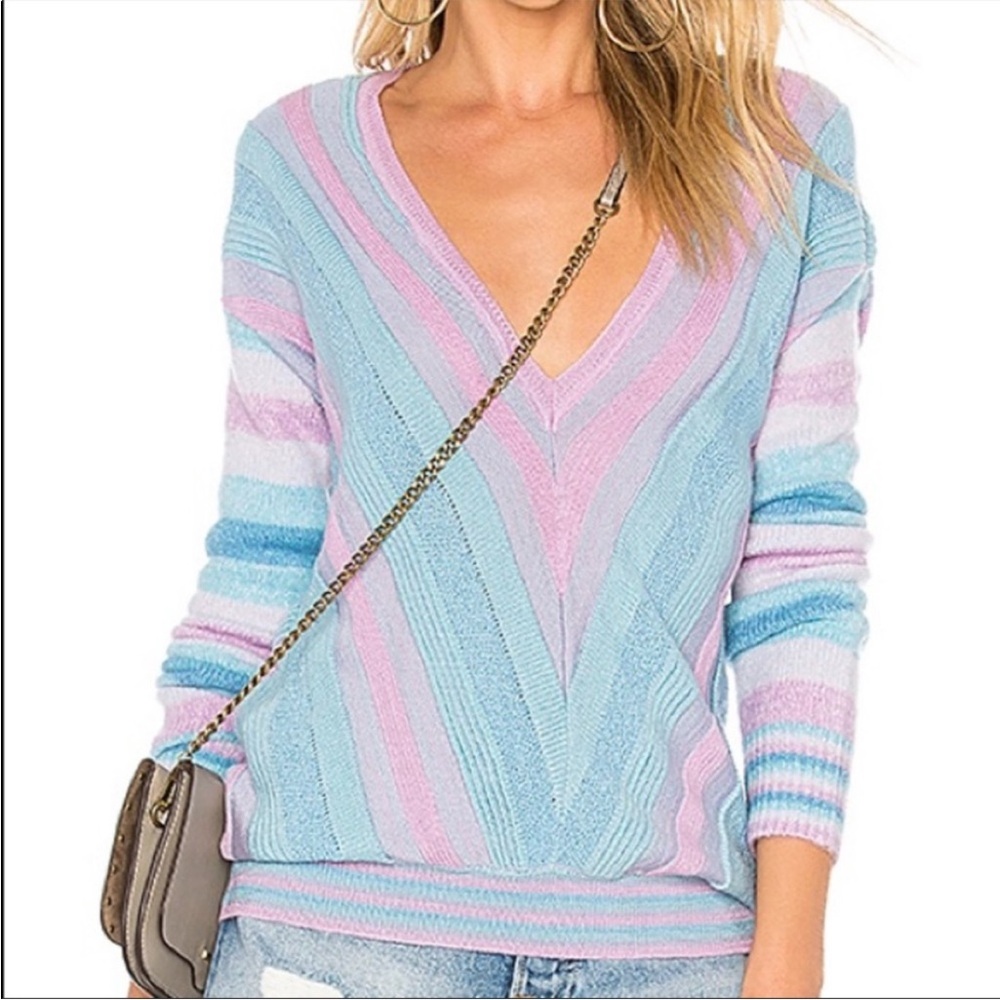 Tularose Kinsley Striped V-Neck Sweater Pink Blue - Picture 6 of 15